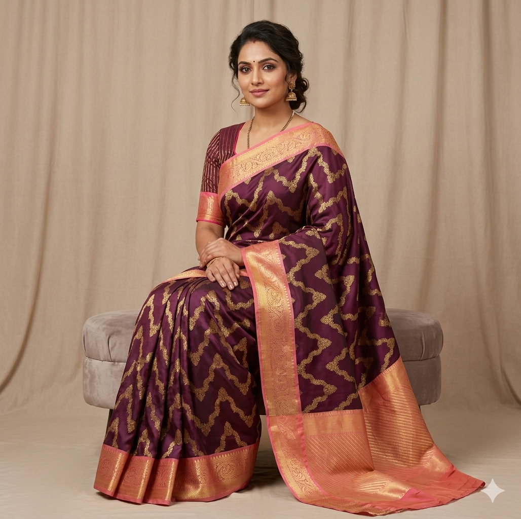 Wine Banarasi silk saree