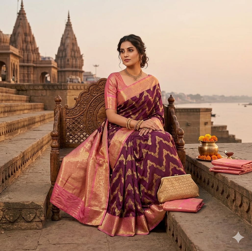 Wine Banarasi silk saree