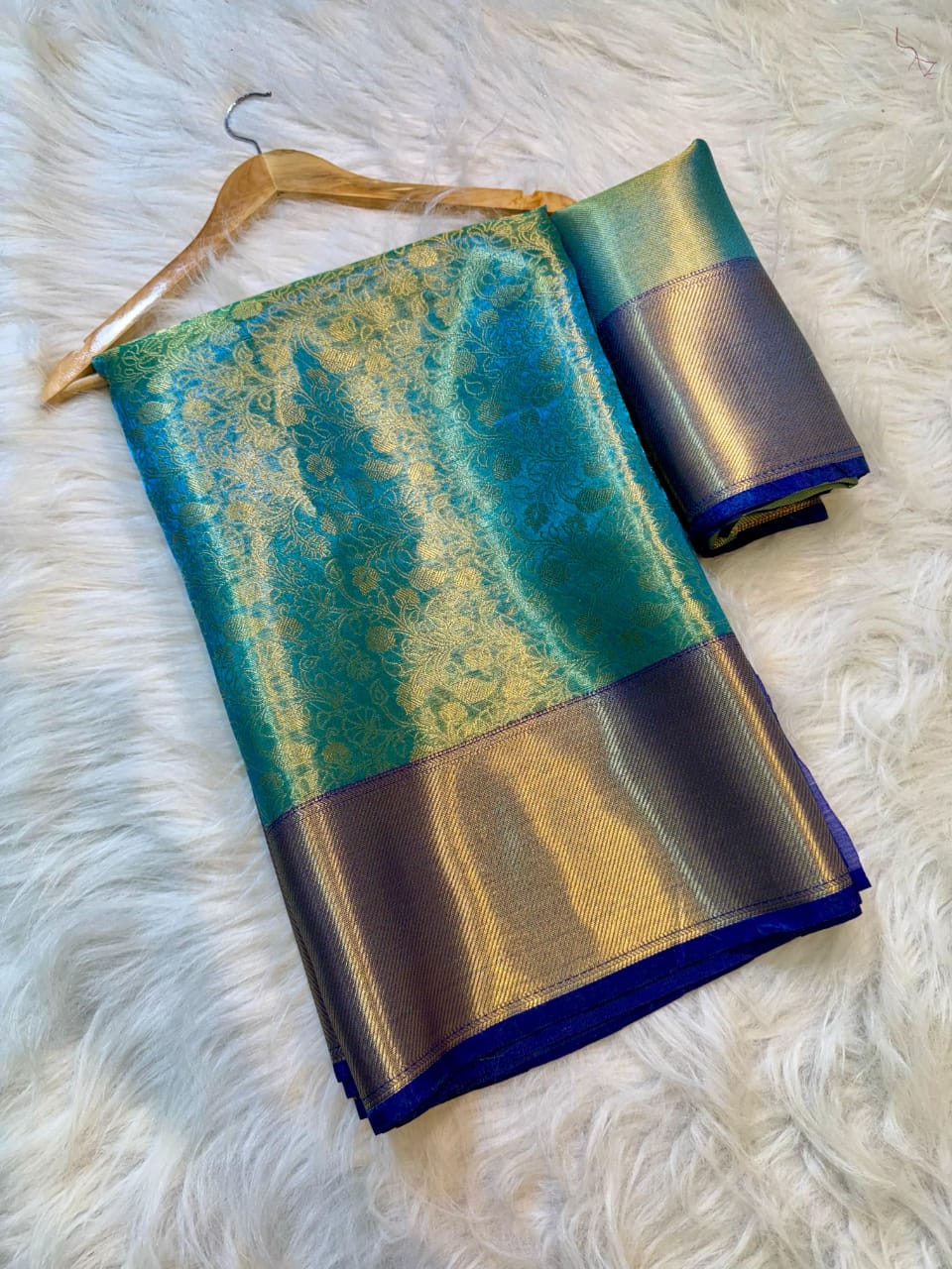 Regal Aqua Blue Tissue Brocade Saree with Royal Blue Edging