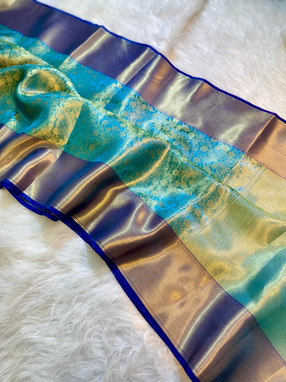 Regal Aqua Blue Tissue Brocade Saree with Royal Blue Edging