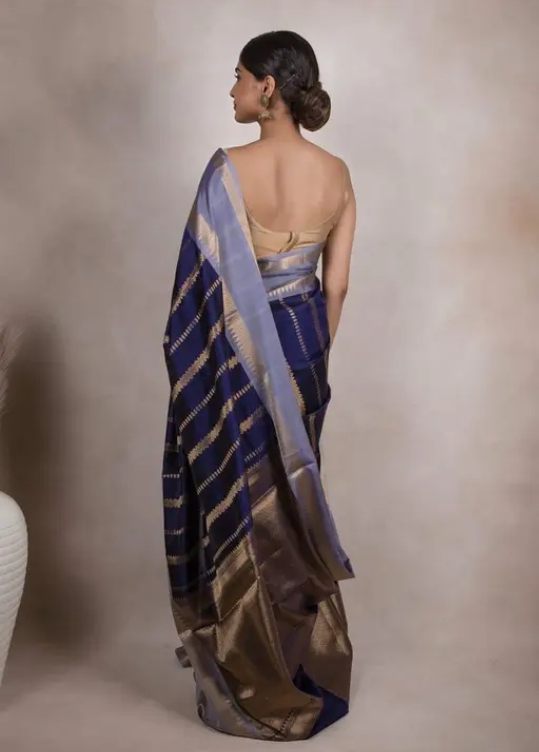 Elegant Navy Blue Semi Katan Banarasi Saree with Gold Zari Stripes